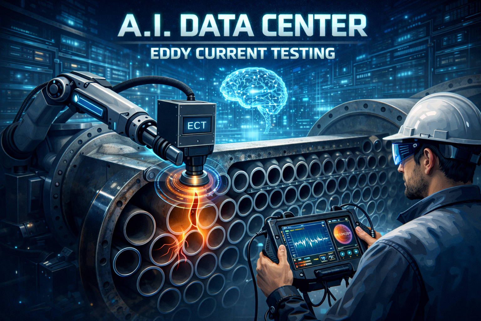 Eddy current testing of chiller heat exchanger tubes in an AI data center cooling system